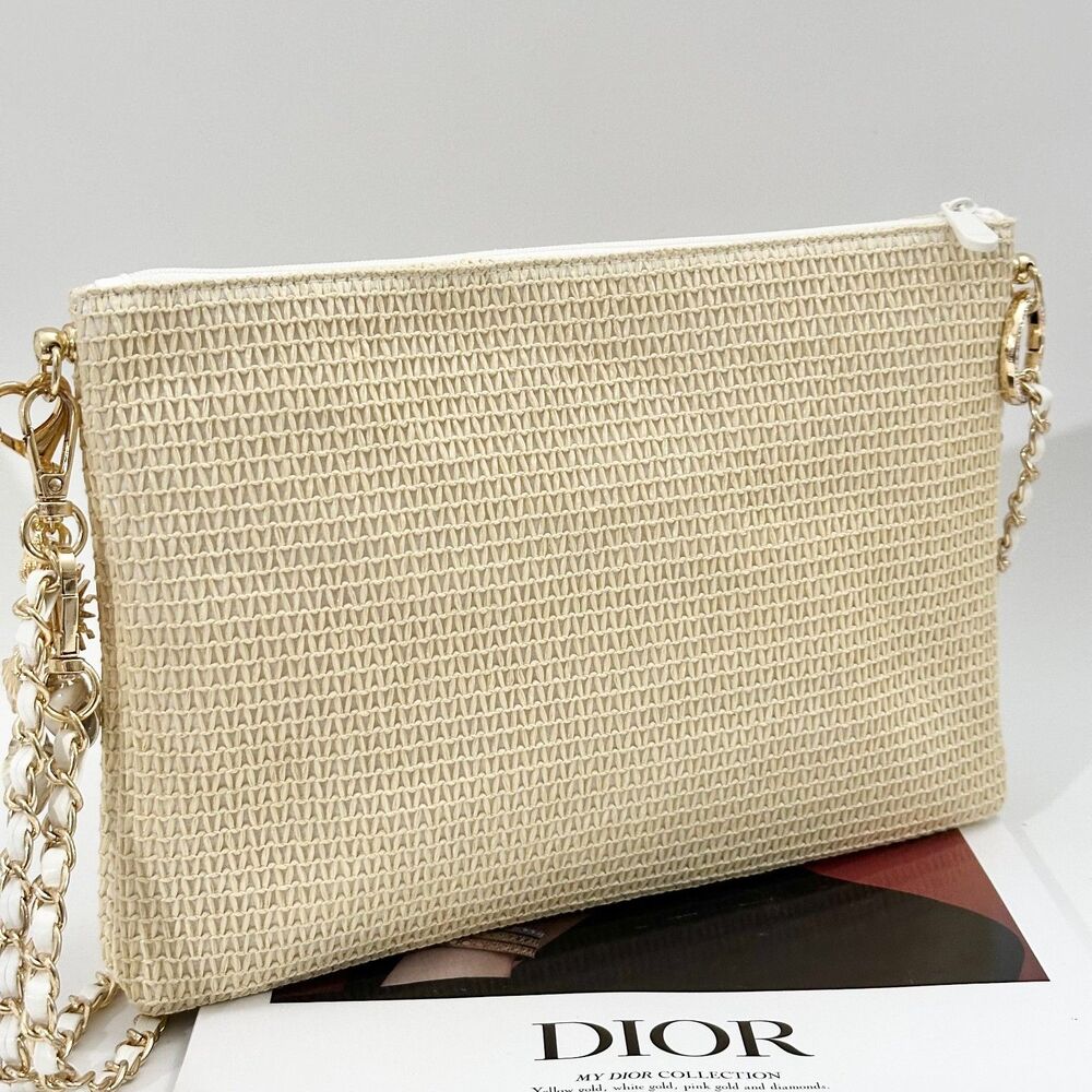 Dior Beige Embroidered Logo Cosmetic Pouch with Gold Chain - Picture 4 of 8